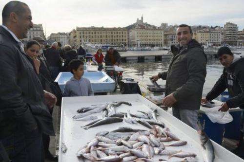 Fishermen sell fish on December 27, 2012 on Marseille's old harbor in France