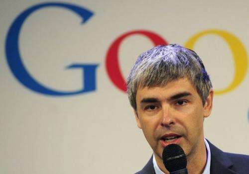 Google CEO Larry Page holds a press announcement at the company's New York headquarters on May 21, 2012