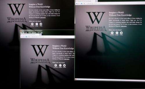 Homepages of the Wikipedia website, pictured in Hong Kong on January 18, 2012.