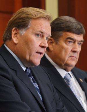 House Intelligence Committee leaders Mike Rogers (L) and Dutch Ruppersberger are pictured on October 8, 2012