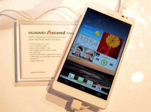 Huawei's Ascend Mate smartphone is seen during the 2013 International CES in Las Vegas on January 10, 2013