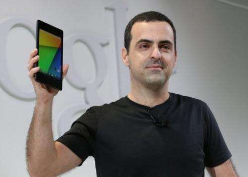 Hugo Barra holds up the new Asus Nexus 7 tablet on July 24, 2013 in San Francisco