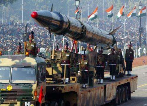 Indian Army personnel display an Agni-II nuclear-capable missile during India's Republic Day parade in New Delhi, in January 200