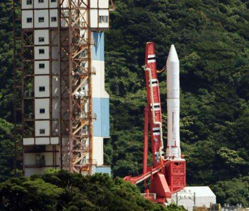 JAXA's Epsilon rocket stands on a launching pad at the Uchinoura Space Center in Kagoshima on August 27, 2013
