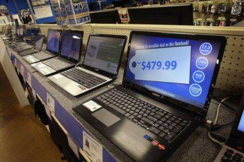 Laptop computers are on sale at a Tiger Direct store on April 11, 2013 in Chicago, Illinois