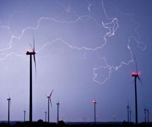 Lightning fills the sky above a  wind farm near Jacobsdorf, eastern Germany in May 2013