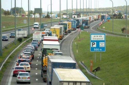 Lorries in a traffic jam on the E411 dual-carriageway in Sterpenich, Belgium, October 2005