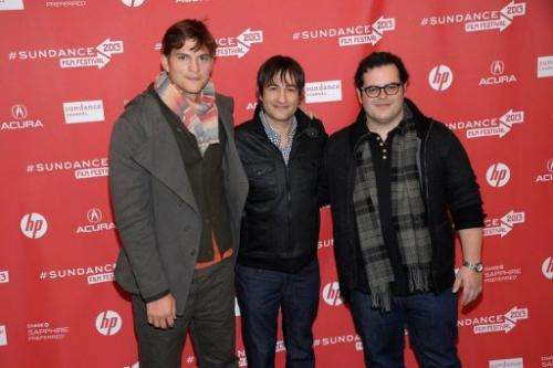 (L-R) Ashton Kutcher, Joshua Michael Stern and  Josh Gad at the premiere of "jOBS" on January 25, 2013