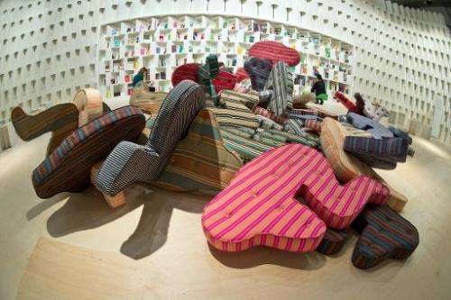 Mattresses shaped like people in the Brazil booth on October 7, 2013 ahead of the Frankfurt Book Fair