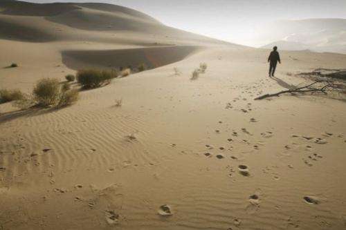 Ma Wangzhen walks in the desert that threatens to engulf her onion farm in China on October 25, 2007