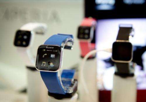 Mobile phone and media player wrist watches at the Sony booth in the IFA trade fair in Berlin on August 30, 2012