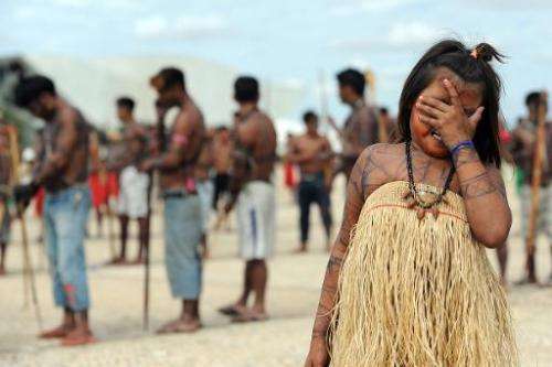 Munduruku indigenous people rally in front of  the Planalto Palace in Brasilia, on June 6, 2013, calling for a law under which t