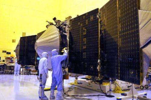 NASA's Mars Atmosphere and Volatile Evolution spacecraft with solar panels extended September 27, 2013 is checked by technicians