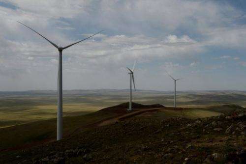 Newly installed turbines at the Salkhit Mountain wind farm, 70 kilometres from Ulan Bator, June 4, 2013