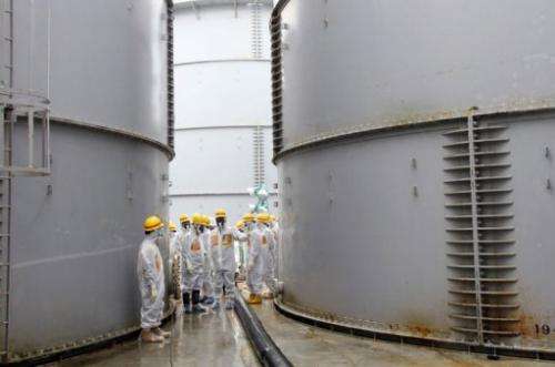 Nuclear inspectors look at contaminated water tanks at the Fukushima nuclear power plant, August 23, 2013