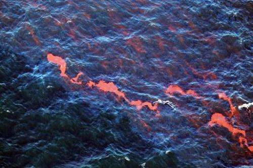 Oil is seen on the surface of the water from the massive oil spill on May 9, 2010 in Gulf of Mexico