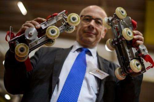 Paul Chavand is picturd with his "Rollkers" skates at the International Exhibition of Inventions on April 10, 2013