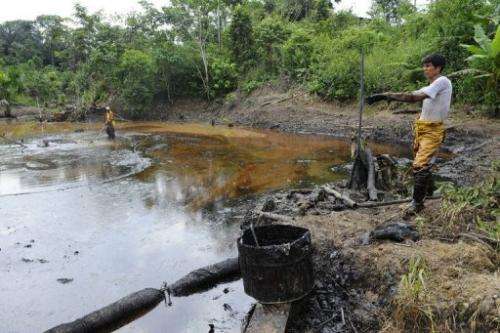 Petroecuador employees work on environmental cleansing in the province of Orellana, Amazonia, on February 20, 2011