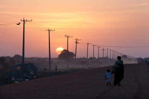 Power lines alongside a road in Abyei, Sudan, on January 15, 2011