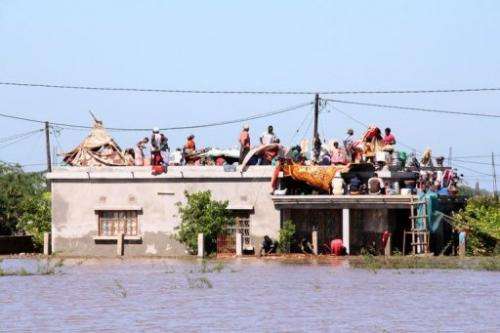 Residents flee to the roof of a house in Chokwe district, to escape the floods, on January 25, 2013
