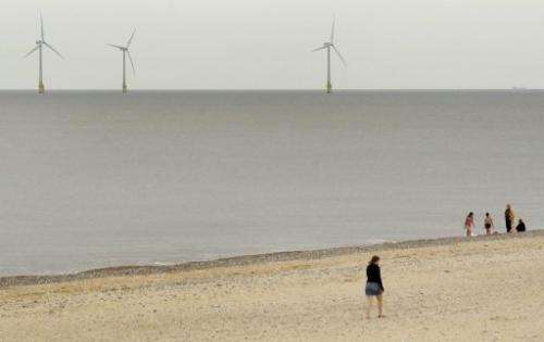 Scroby Sands wind farm off the coast of Norfolk, England, on August 27, 2008