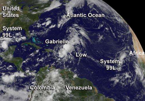 Sept. 5, 2013 update 2 -- satellite data shows a very active tropical Atlantic, Gabrielle weakens