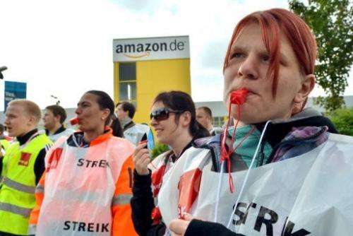Striking Amazon workers outside the company's logistics centre in Leipzig, Germany, on May 14, 2013