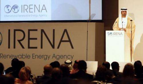 Sultan Ahmed al-Jaber addresses the General Assembly of IRENA in the Emirati capital Abu Dhabi on January 13, 2013