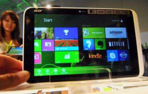The Acer Iconia W3 is displayed in Taipei on June 3, 2013