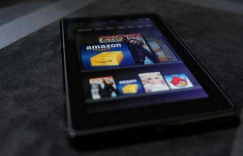 The Amazon Kindle Fire tablet is displayed at a press conference in New York on September 28, 2011