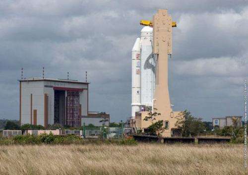 The Ariane 5 VA213 moves to final assembly building at Kourou space center in this Airanespace photo from March 11, 2013