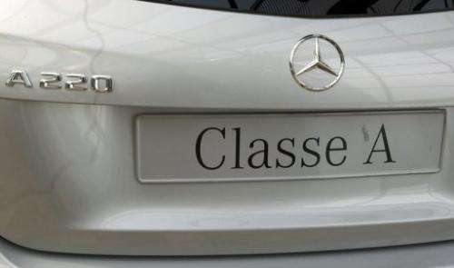The rear of a Class A220 Mercedes car is pictured at a car dealer in Rueil-Malmaison, outside Paris on August 22,2013