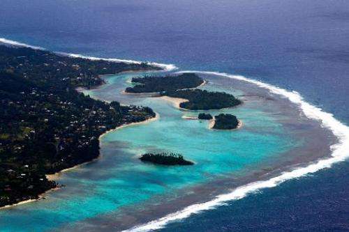 The resort region of Muri on the Eastern side of the Island of Rarotonga, the largest island in the Cook Islands is viewed from 