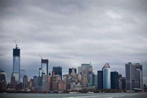 The skyline of lower Manhattan is seen from the Staten Island Ferry prior on October 28, 2012 in New York City