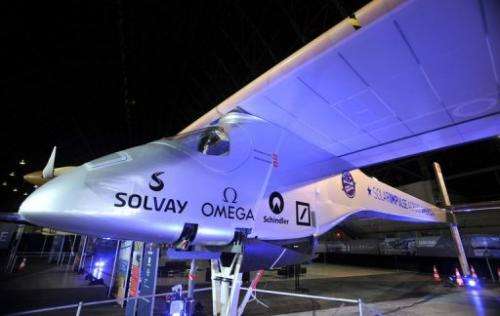 The Solar Impulse plane is seen at a press conference at the NASA Ames Research Center in California on March 28, 2013