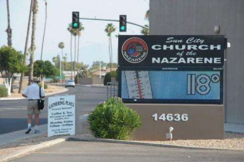 The temperature reads 118F (48C) on a sign outside a church in Sun City, Arizona on June 29, 2013