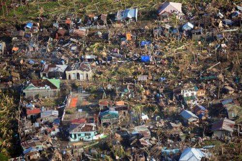 This aerial photo shows typhoon devastation in Eastern Samar province, central Philippines on November 11, 2013