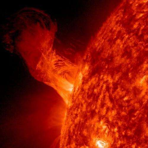 This NASA image shows a solar eruption as it gracefully rises up from the Sun on December 31, 2012