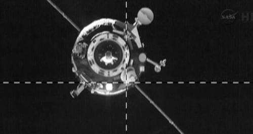 This NASA video image shows the ISS Progress 51 cargo craft arriving at the Zvezda service module on April 26, 2013