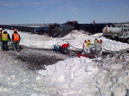 This photo released by the Minnesota Pollution Control Agency (MPCA) show a train derailment in Minnesota