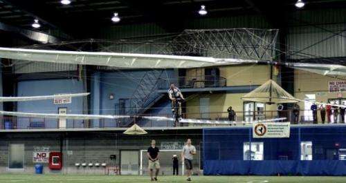 This photo shows AeroVelo's winning flight of the Igor I. Sikorsky Human Powered Helicopter Competition
