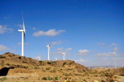 Turbines at Ashegoda wind farm in Ethiopia's northern Tigray region on November 28, 2013