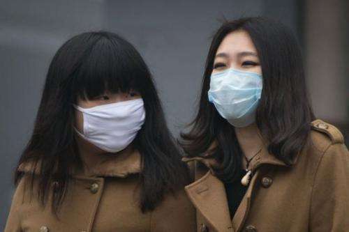Two women wearing face masks walk together during heavily polluted weather in Beijing on January 29, 2013
