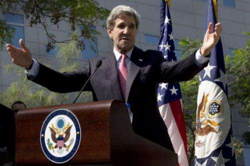 US Secretary of State John Kerry speaks at the US Embassy in Abu Dhabi on March 5, 2013