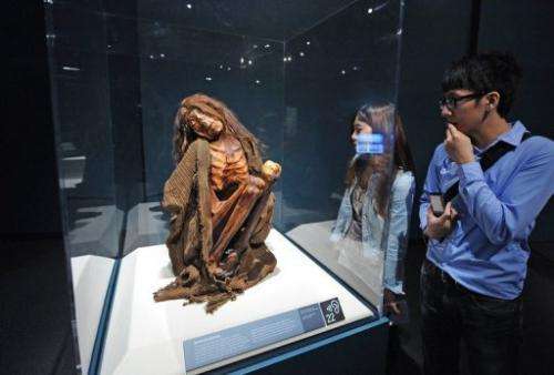 Viewers look at an ancient mummy from Peru at an exhibition on June 30, 2010 in Los Angeles
