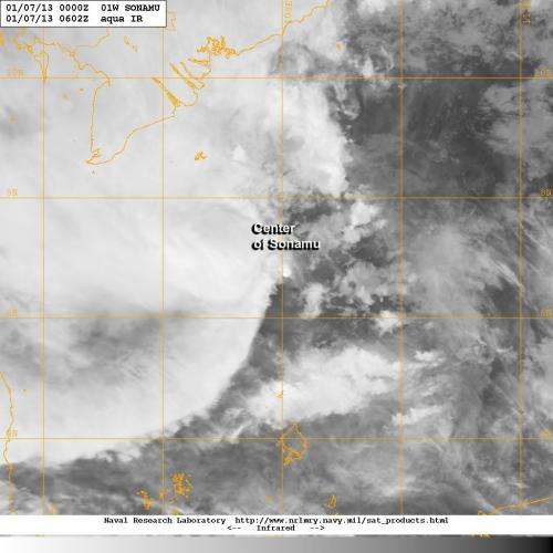 Wind shear and dry air bashing Tropical Depression Sonamu