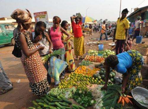 Women buy vegetables in a market in Bangui, Central African Republic on December 28, 2012