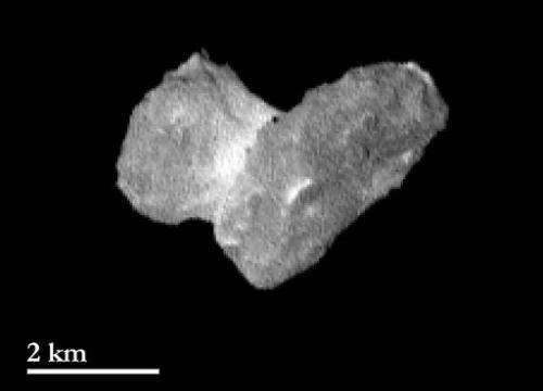 A European Space Agency image of the nucleus of Rosetta's target comet 67P/ChuryumovGerasimenko seen from a distance of 1950 km