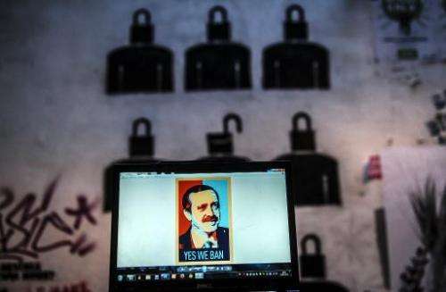 A file photo taken on March 27, 2014 shows a view of a computer screen showing a digital portrait of the Turkish Prime Minister 