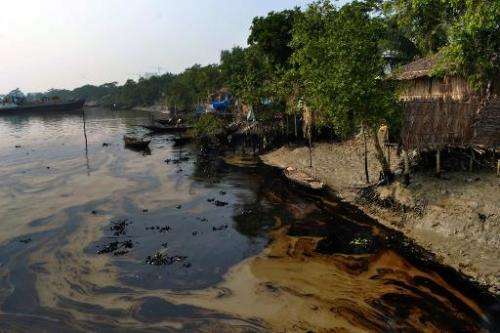 An oil spill from a Bangladeshi oil-tanker is seen on the Shela River in Mongla on December 12, 2014